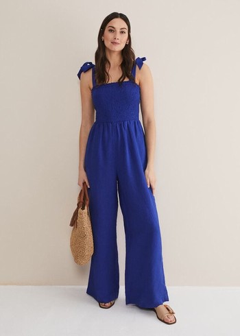 Phase Eight Ona Linen Shirred Wide Leg Jumpsuit Deep Blue USA | 3657420-QR